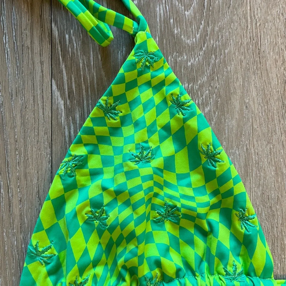 Frankie's Bikinis Neon Green Checkerboard Triangle Bikini